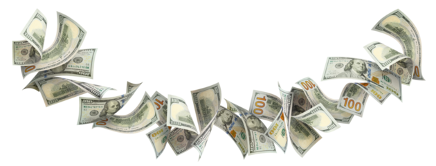 Flying 100 American dollars banknotes, cut out
