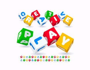 Vector childish emblem Creative Play with 3D funny Font. Colorful cubed Alphabet Letters and Numbers set