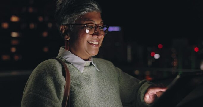 Woman, night business and tablet on city rooftop, office building and social networking connection, online management and web media connection. Happy mature manager, urban cityscape and digital tech