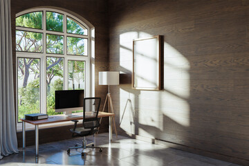 comfortable workplace with pc standing on wooden desk in office at home; bright sunlight shines through large window; wall with canvas copy space;  remote work freelance concept; 3D Illustration