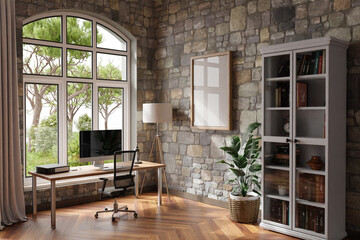 comfortable workplace with pc standing on wooden desk in office at home; bright sunlight shines through large window; wall; with canvas copy space;  remote work freelance concept; 3D Illustration