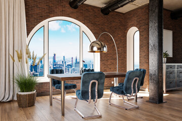luxurious loft apartment with arched window and panoramic view over urban downtown; noble dining room interior design mock up; 3D Illustration