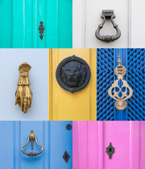 Old knockers and door locks in metal from the colonial period and wooden doors in different colors. Montage with 7 photographs. Paraty, Brazil. - obrazy, fototapety, plakaty