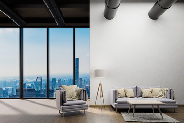 large urban skyline loft office with white wall and cozy vintage couch; copy spacepanoramic window skyline view, 3D Illustration