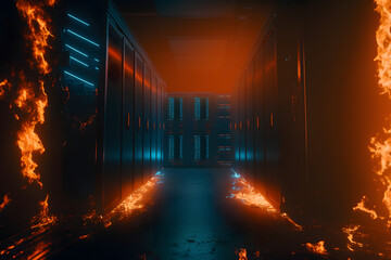 Data center server room burning. Modern telecommunications, supercomputer technology in fire. Generation AI.