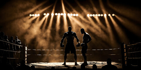 Fototapeta na wymiar Silhouette of two professional boxer fight in ring match, with spot lighting. Generation AI