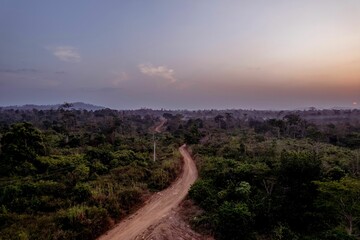 Fototapeta na wymiar Winding dirt road cutting through a lush, tropical jungle at a stunning sunset