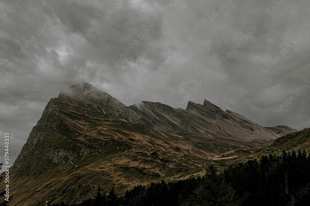 Canvas Prints Aerial landscape of the rocky hill San Bernardino covered in dark clouds