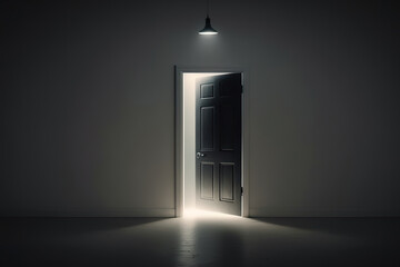 Illustration of light passing through door in dark room. Door opening with glow discovery opportunity. 3D realistic illustration. Based on Generative AI