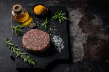 Beef patty cutlets made from raw ground beef. Olive oil as a backdrop for a meat and burger cooking scene. writing space over herb spice arrangement and black stone concrete table. Generative AI
