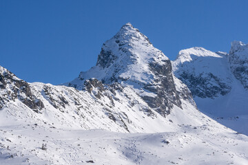 Fototapeta na wymiar View of the Koscielec peak from the Gasienicowa Valley in the Tatra Mountains.