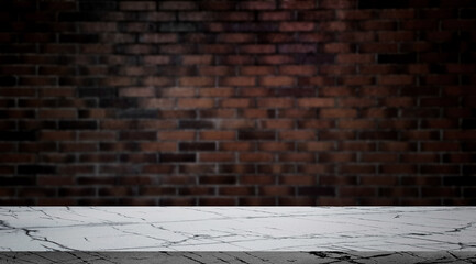 white carrara marble table at foreground with blurred old brown brick wall as background, brick...