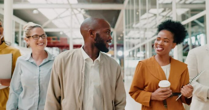 Teamwork, leadership and business people with manager walking in office for advice, planning and ideas. Collaboration, corporate networking and employees working on strategy, online project and goals