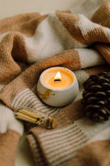 Fototapeta na wymiar Interior candle in a plaster candlestick, wooden matches and pine cone. Natural. Handmade candle on brown knitted sweater