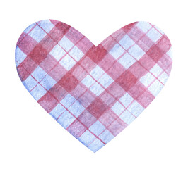 Hand drawn watercolor plaid blue red burgundy colored heart. Heart shaped aquarelle design element for Valentine's Day cards, invitations. Isolated on white.