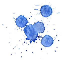 Isolated bright blue colored ink paint drops, spot and blot, hand drawn painted aquarelle watercolor texture. Mock up with copy space.