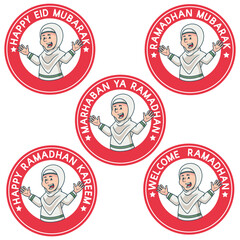 cheerful arabic muslim girl. Ramadan Patches Vector Design. white background with stickers. Ramadan Kareem, Welcome Ramadan, Eid Mubarak Badges.