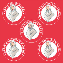 cheerful arabic muslim women head. Ramadan Patches Vector Design. red background with stickers. Ramadan Kareem, Welcome Ramadan, Eid Mubarak Badges.