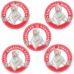 cheerful arabic muslim women. Ramadan Patches Vector Design. white background with stickers. Ramadan Kareem, Welcome Ramadan, Eid Mubarak Badges.