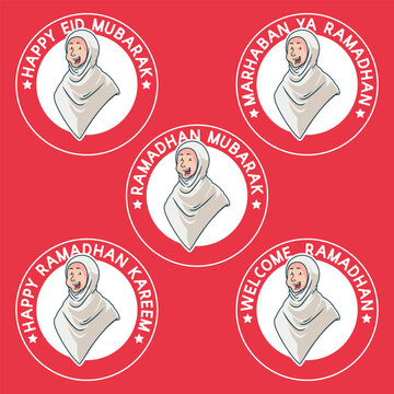 cheerful arabic muslim women head. Ramadan Patches Vector Design. red background with stickers. Ramadan Kareem, Welcome Ramadan, Eid Mubarak Badges.