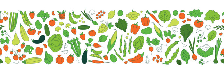 Seamless background pattern of organic farm fresh fruits and vegetables