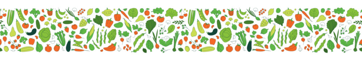 Seamless background pattern of organic farm fresh fruits and vegetables