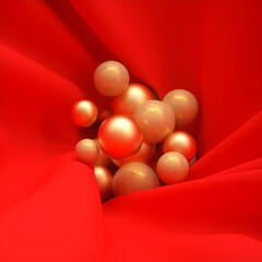 Abstract composition with gold and pearls on scarlet fabric