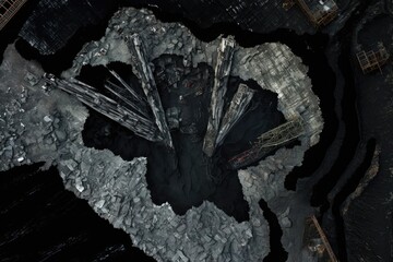Naklejka premium Black mineral deposit in a coal mine, seen from above. Coal is burned in factories. Generative AI