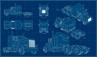 Classic American truck. Hood truck. Sleeping cabin. Automobile freight transport.  Three projections. Blueprint.