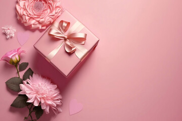 pink flower and gift on pink background, generative ai