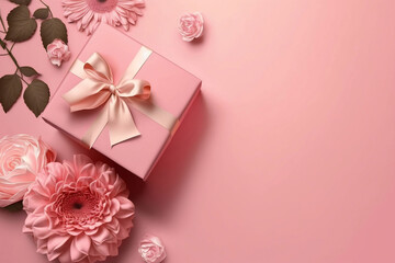 pink flower and gift on pink background, generative ai