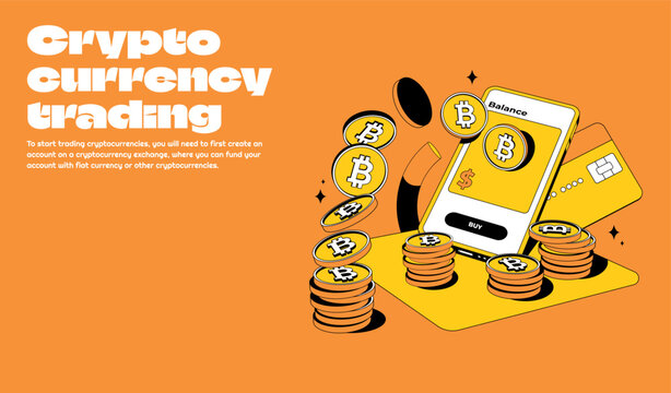 Bitcoin or cryptocurrency trading platform with big profit. Trade crypto mobile.Coin transaction illustration in modern style