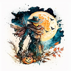 Creepy scarecrow, a monster against the background of the night sky and the moon. Watercolor gloomy illustrations for Halloween. Generative AI technology.