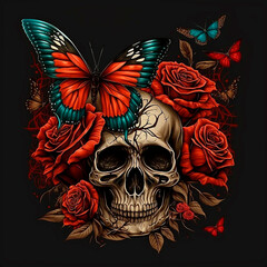 Colorful Cinco de Mayo skulls in vibrant Mexican style with watercolor red roses and butterflies. Generative AI technology.