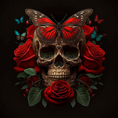 Colorful Cinco de Mayo skulls in vibrant Mexican style with watercolor red roses and butterflies. Generative AI technology.