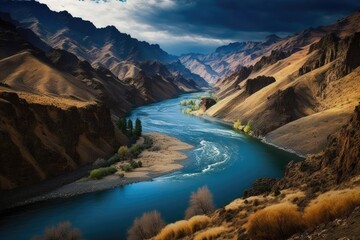 Fototapeta premium This is a picture of the Snake River at Hells Canyon, which is right on the border between Idaho and Oregon. Generative AI
