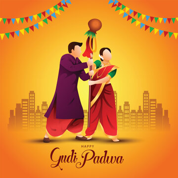 decorated background of happy Gudi Padwa celebration of India. celebrate with Maharashtrian family. vector illustration design