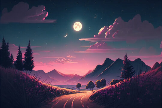 ofi style. Etheral night. Calming and relaxing. Road, mountaings, full moon, stars, trees, meadow, clouds. Dark blue, purple. Chill atmosphere. Illustration artwork. Generative AI