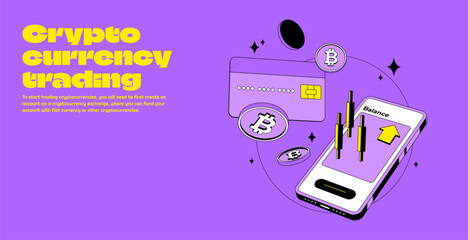 Bitcoin or cryptocurrency trading platform with big profit. Crypto and credit card.Coin transaction illustration with yellow and purple color in modern style