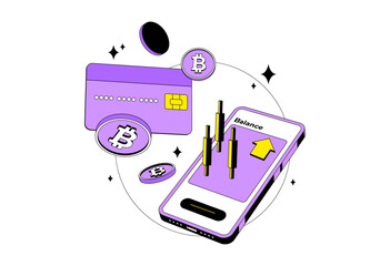 Crypto credit card with bitcoin, mobile and candlestick. Isolated. Cryptocurrency digital wallet online. Coin transfer. Modern style
