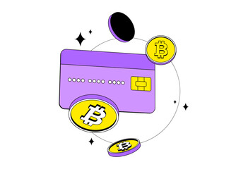 Crypto credit card with bitcoin. Isolated. Cryptocurrency digital wallet online. Coin transfer. Neobrutalism style