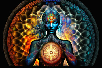 Divinine feminine, concept of meditation and spiritual practice for enlightenment, expanding of consciousness, chakras and astral body activation, mystical inspiration. - obrazy, fototapety, plakaty