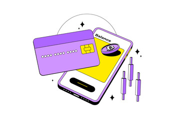Crypto credit card with bitcoin, mobile and candlestick. Isolated. Cryptocurrency digital wallet online. Coin transfer. Modern style