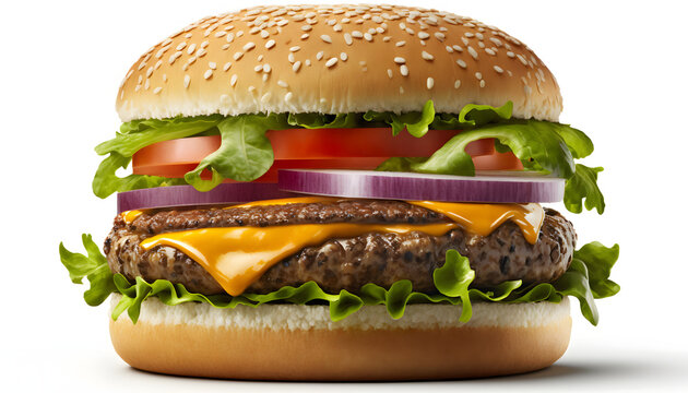 Gourmet Hamburger Isolated With White Background For Application Of Layout And Arts For Hamburger Shop And Snack Bars. Generative Ai