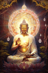 Fototapeta premium Buddha and Buddhism. Concept of meditation and spiritual practice for enlightenment, expanding of consciousness, chakras and astral body activation, mystical inspiration image