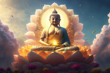 Obraz premium Buddha and Buddhism. Concept of meditation and spiritual practice for enlightenment, expanding of consciousness, chakras and astral body activation, mystical inspiration image