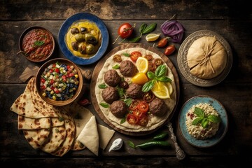 Mezze and other Middle Eastern appetizers served on a concrete tabletop with a wood plank backdrop. Foods like meat kebabs, falafel, baba ghanoush, hummus, sambusak, tahini flavored rice, kibbeh, and