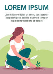The girl planted a young seedling in the ground. In the hand a garden scoop. Gardening outdoors. Caring for nature and ecology. Design for poster, banner, website. Vector cartoon illustration