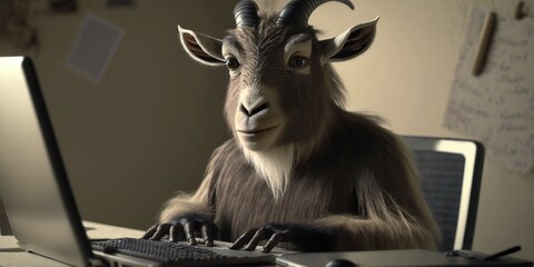 Fototapeta premium Goat sitting at desk with computer looking like its hard at work or typing up important document, concept of Animal Anthropomorphism and Office Humor, created with Generative AI technology