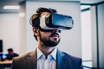 Person wearing VR glasses with a background of a technology image